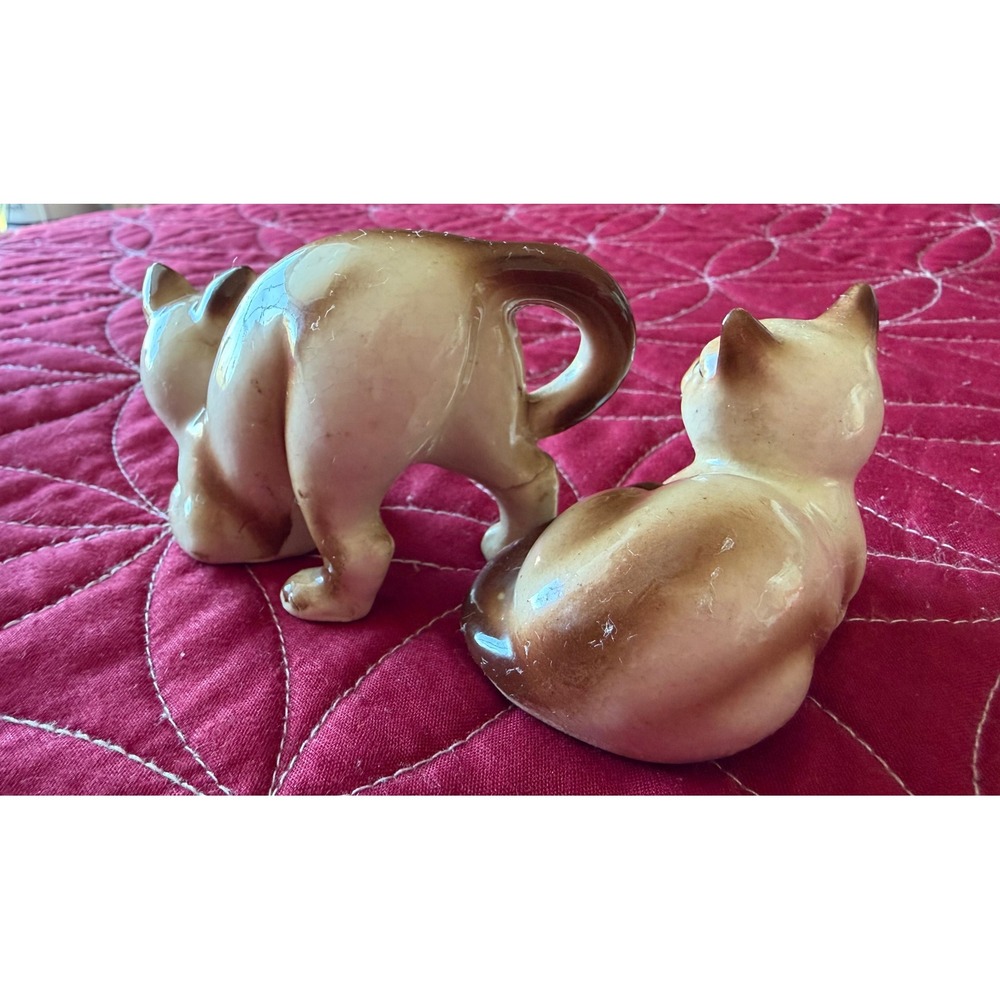 Vtg Siamese Cat Figurines Ceramic Brown White Sitting Standing Pair Home Decor - Picture 3 of 5